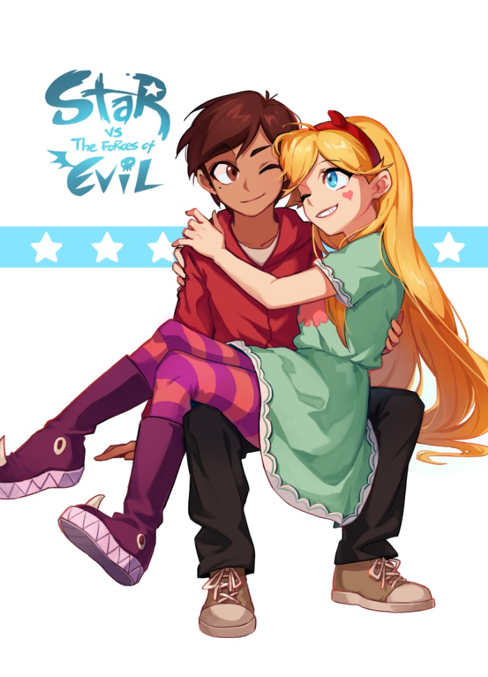 1boy 1girl blonde_hair blue_eyes brown_eyes brown_hair couple horns marco_diaz sitting sitting_on_lap sitting_on_person star_butterfly star_vs_the_forces_of_evil