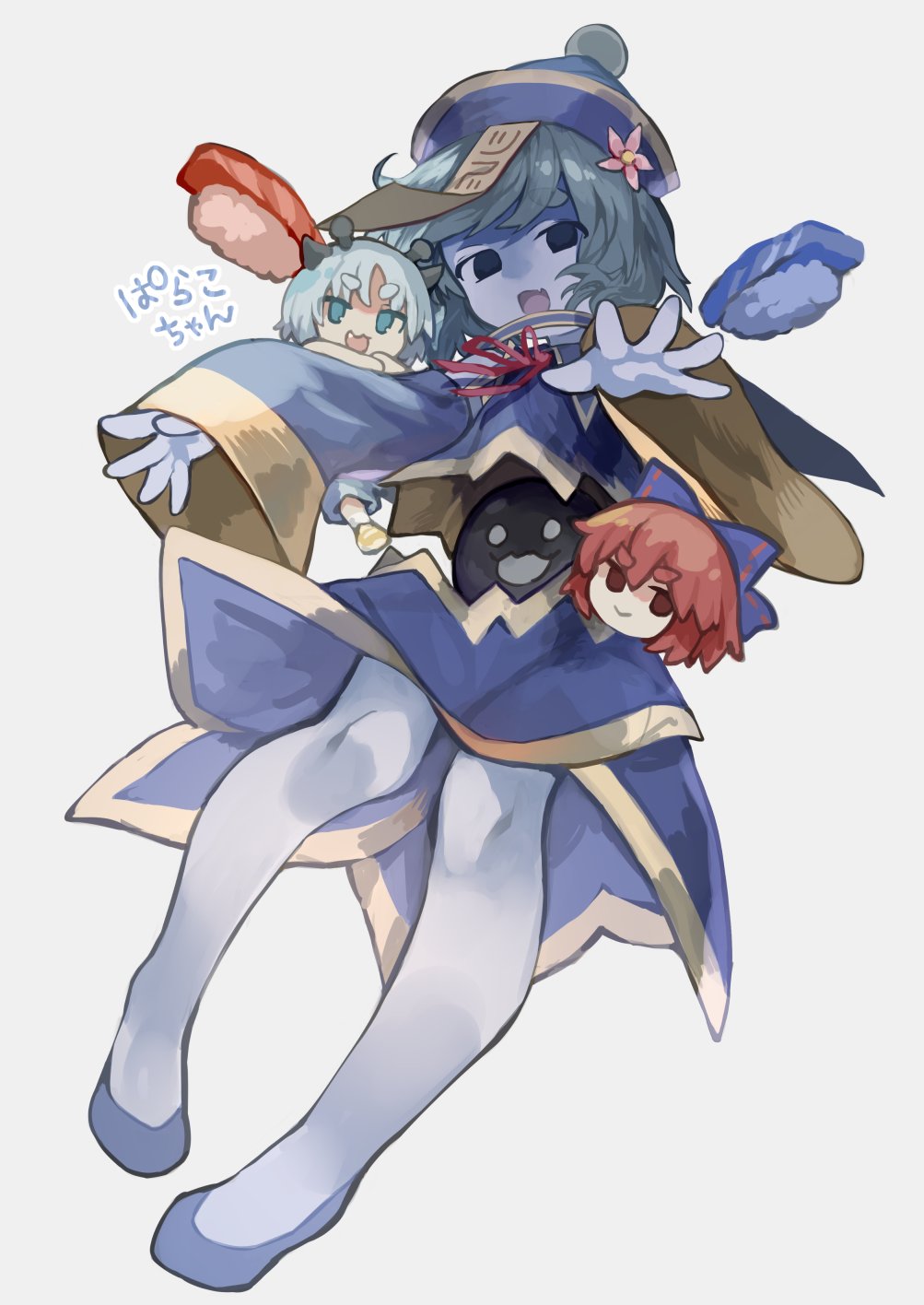 black_eyes blue_bow blue_eyes blue_hair blue_skin bow brown_eyes character_name character_request collared_shirt colored_skin commentary_request disembodied_head fang flower food grey_hair hair_bow hat hat_flower highres hollow_body horns jiangshi long_sleeves looking_at_viewer neck_ribbon ofuda_on_head original outstretched_arms parako_(zenerat) qingdai_guanmao redhead ribbon risui_(suzu_rks) second-party_source sekibanki shirt short_hair simple_background skin_fang sushi touhou white_background wide_sleeves zombie_pose