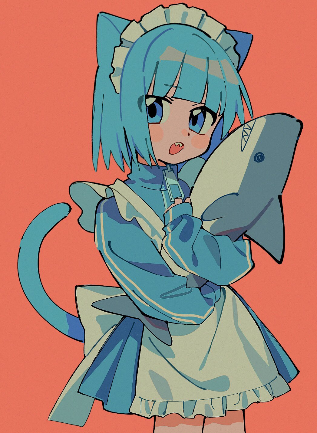 1girl animal_ears apron blue_eyes blue_hair blue_jacket blue_skirt blush_stickers cat_ears cat_girl cat_tail frilled_apron frills highres hugging_object jacket long_sleeves looking_at_viewer maid maid_apron maid_headdress open_mouth orange_background original pleated_skirt puffy_long_sleeves puffy_sleeves sharp_teeth short_hair simple_background skirt sleeves_past_wrists solo standing stuffed_animal stuffed_shark stuffed_toy tail teeth track_jacket umipi white_apron