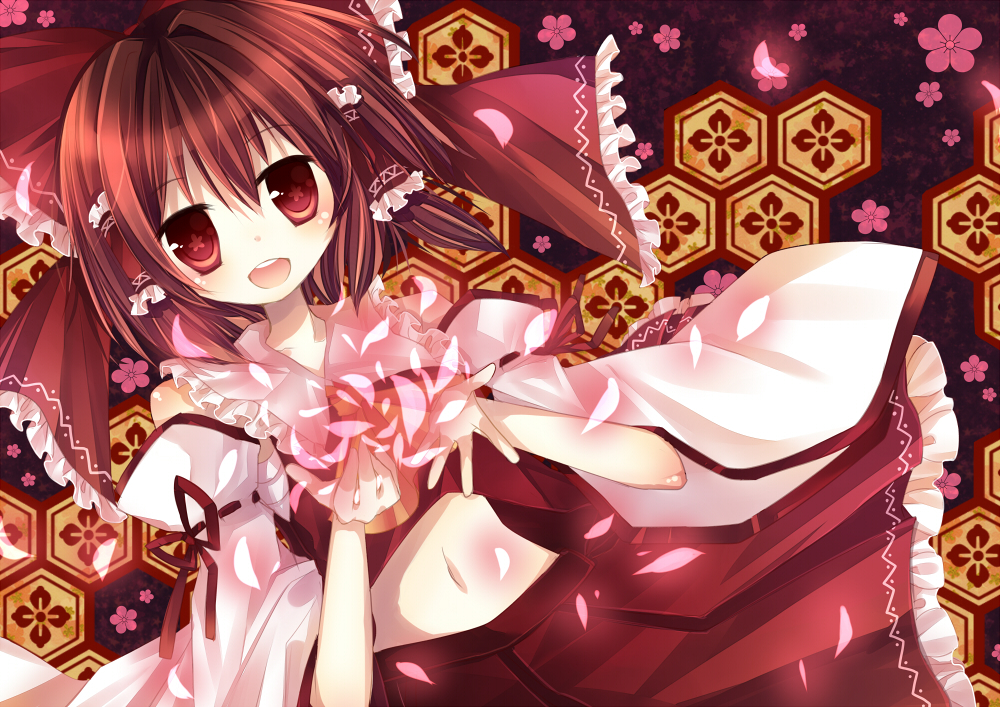 bare_shoulders bow brown_eyes brown_hair detached_sleeves flower hair_bow hakurei_reimu kusa midriff navel open_mouth petals short_hair solo symbol-shaped_pupils touhou