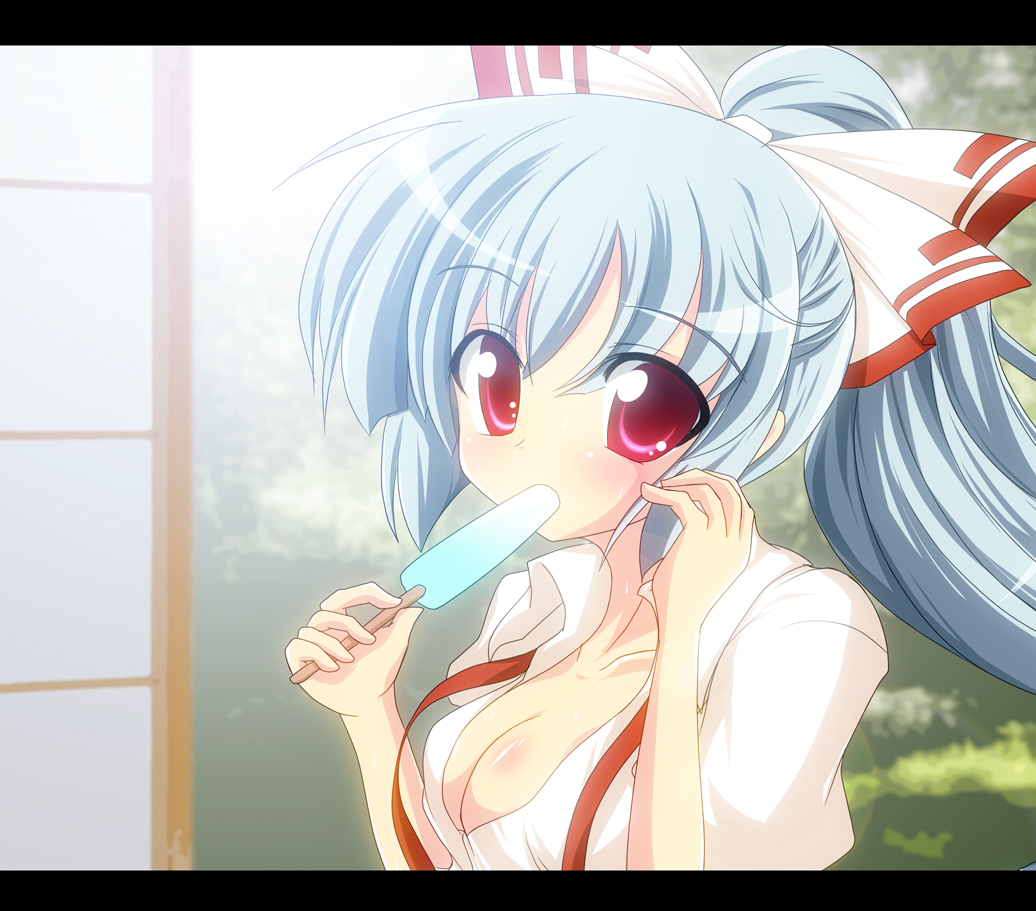 anime_coloring bloom bow breasts cleavage fujiwara_no_mokou geogeo hair_bow letterboxed long_hair no_bra ponytail popsicle red_eyes silver_hair solo suspenders touhou
