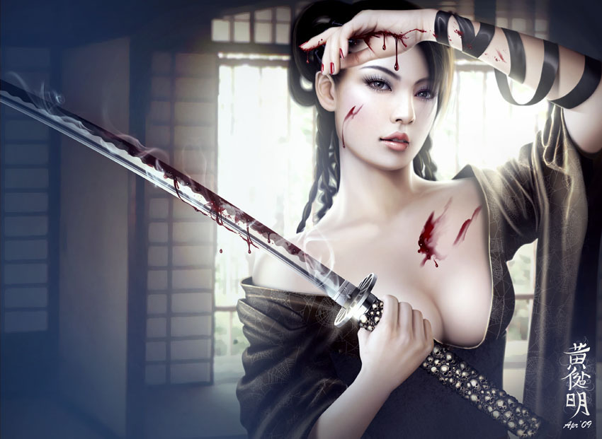 blood breasts cleavage digital_art japanese_clothes katana kimono mario_wibisono raynkazuya realistic sword weapon