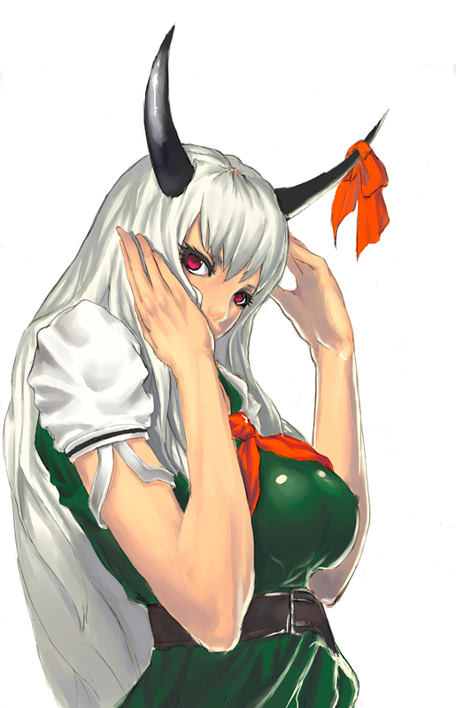 belt covering_mouth ex-keine eyelashes hands horn_ribbon horns kamishirasawa_keine okamochi red_eyes ribbon short_sleeves silver_hair simple_background solo touhou