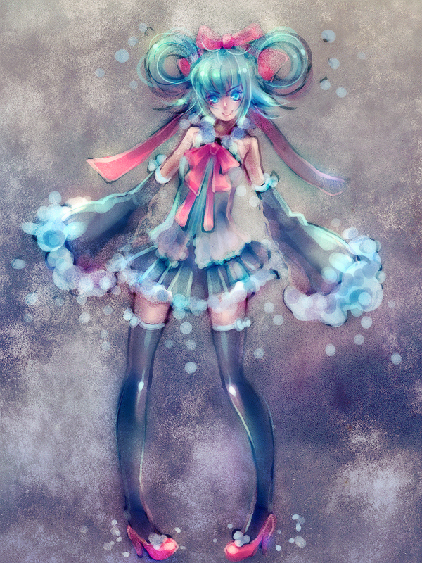 alternate_hairstyle aqua_eyes aqua_hair bow detached_sleeves hair_bow hair_ribbon hair_rings hatsune_miku high_heels legs long_hair pigeon-toed quuni ribbon shoes skirt smile solo thigh-highs thighhighs vocaloid zettai_ryouiki