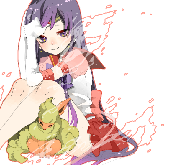 1girl benko bishoujo_senshi_sailor_moon blush choker crossover earrings elbow_gloves fire flareon gloves hand_on_head hino_rei jewelry long_hair magical_girl oekaki pokemon pokemon_(creature) purple_eyes purple_hair sailor_mars simple_background sitting smoke super_sailor_mars_(stars) tiara violet_eyes