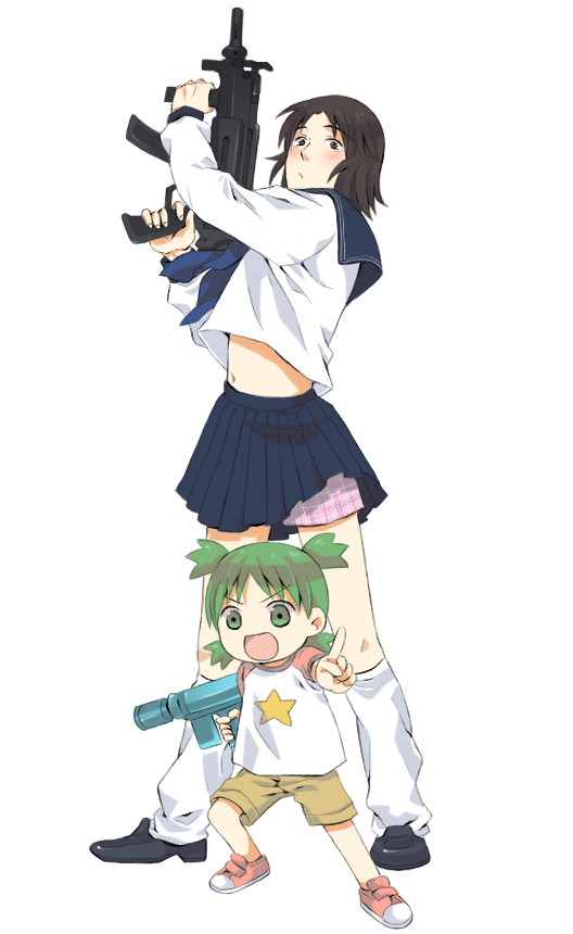 boxers crossdressinging green_eyes green_hair gun koiwai_yotsuba mr_koiwai quad_tails school_uniform serafuku serafuku_to_kikanjuu short_hair sora_o underwear water_gun weapon yotsubato!