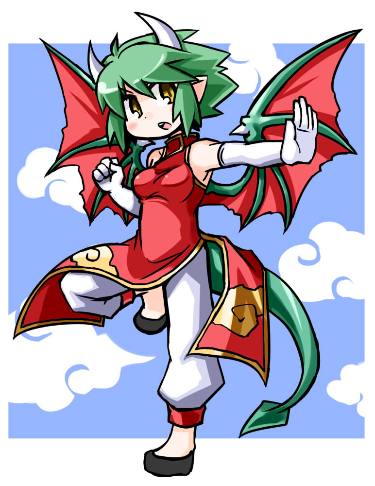 1girl china_dress chinese_clothes clenched_hand draco_centauros dragon_tail dragon_wings elbow_gloves gloves green_hair horns kugelschreiber pants pointy_ears puyopuyo shoes short_hair solo standing_on_one_leg tail white_gloves wings yellow_eyes