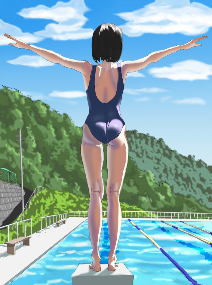 black_hair derivative_work from_behind hal9500 kneepits one-piece_swimsuit outstretched_arms pool school_swimsuit short_hair spread_arms starting_block swimsuit