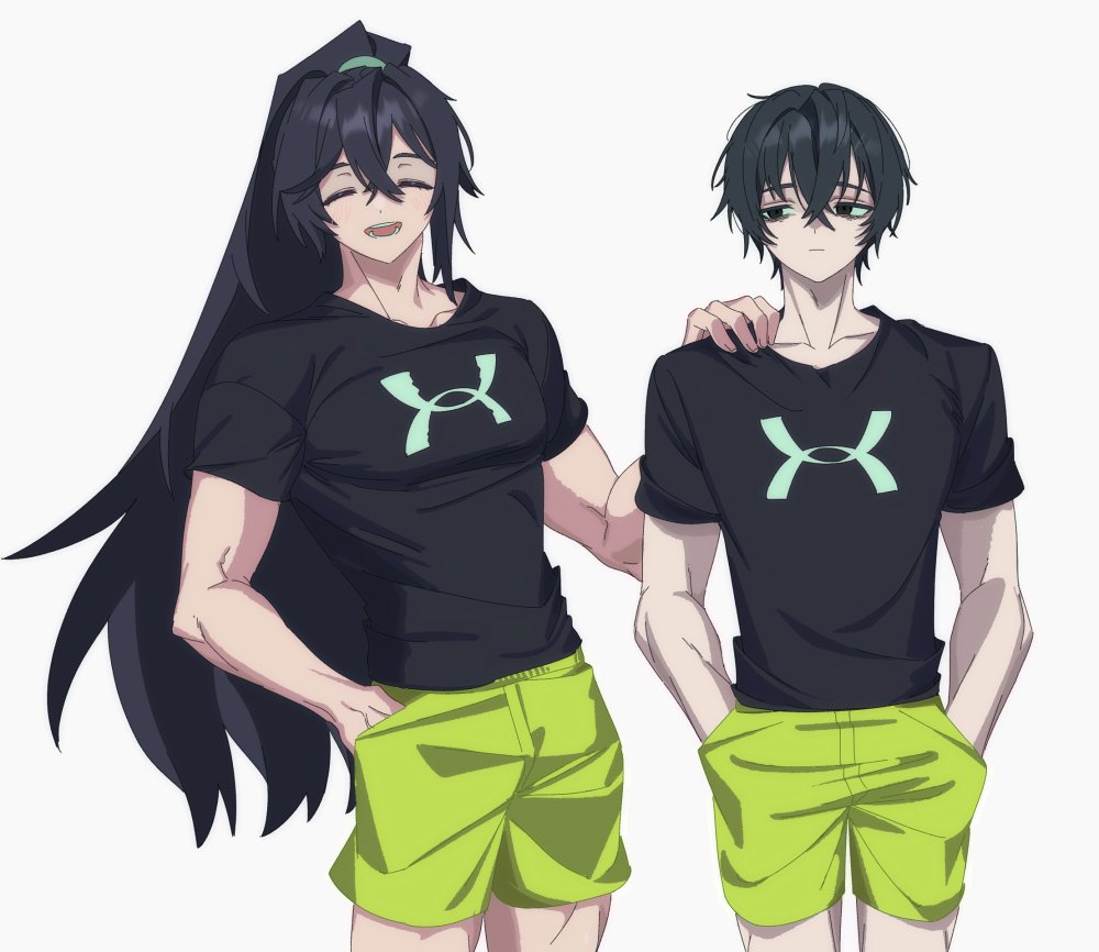 2boys angellyuna black_eyes black_hair black_shirt closed_eyes closed_mouth cowboy_shot facing_viewer green_shorts hand_on_another's_shoulder high_ponytail hong_lu_(limbus_company) limbus_company long_hair looking_at_viewer looking_to_the_side male_focus matching_outfits multiple_boys open_mouth project_moon shirt short_sleeves shorts simple_background smile very_long_hair white_background yi_sang_(limbus_company)