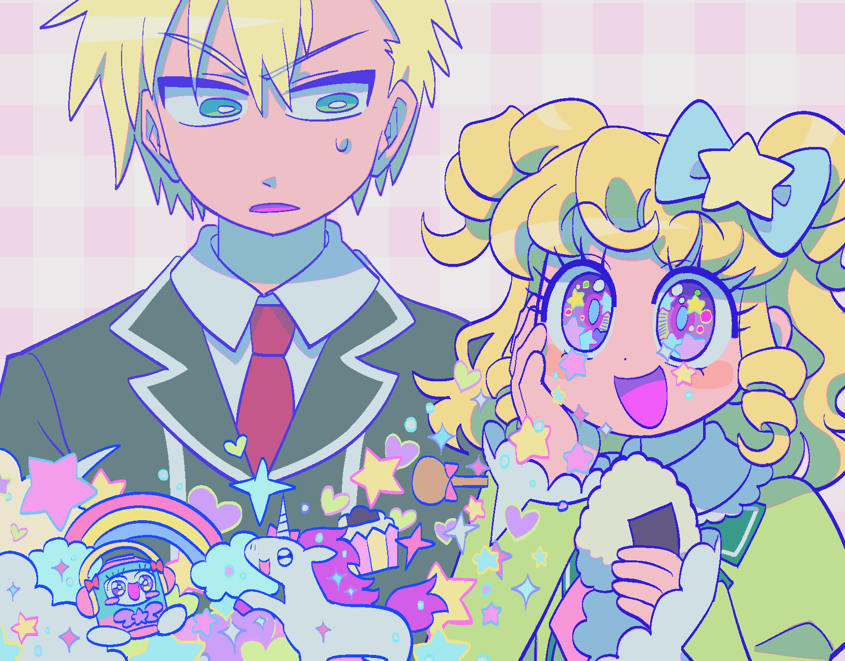 1boy 1girl :d black_jacket blonde_hair blue_bow blush bow brother_and_sister collared_shirt commentary_request food green_eyes green_jacket hair_between_eyes hair_bow hair_ornament hand_on_own_cheek hand_on_own_face hands_up heart highres holding holding_food idol_time_pripara jacket korean_commentary lau_(laustar30) long_hair long_sleeves necktie onigiri open_mouth pink_background pretty_(series) pripara rainbow red_necktie rice_cooker ringlets school_uniform shirt short_hair siblings smile sparkle star_(symbol) star_hair_ornament takki_(pripara) two_side_up unicorn upper_body violet_eyes white_shirt yumekawa_shogo yumekawa_yui