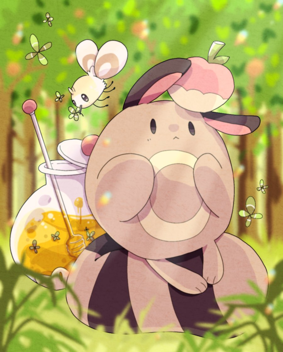 animal_focus apple_on_head blurry blurry_background blurry_foreground brown_fur commentary_request cutiefly forest grass hanabusaoekaki honey jar nature no_humans pokemon pokemon_(creature) sentret solid_oval_eyes tail