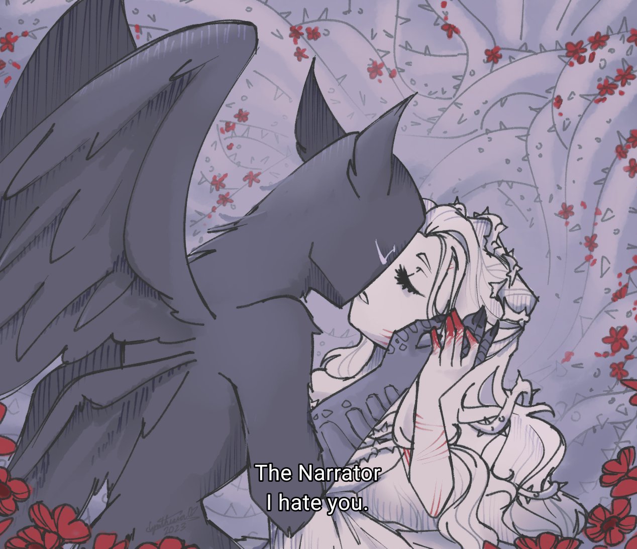 1boy 1girl animal_ears bird_boy blood blood_on_hands closed_eyes couple dress english_text face-to-face feathered_wings flower greyscale hand_on_another's_face imminent_kiss long_hair monochrome open_mouth overgrown plant princess_(slay_the_princess) red_flower scratches slay_the_princess talons the_hero_(slay_the_princess) the_thorn_(slay_the_princess) thorns vines wings