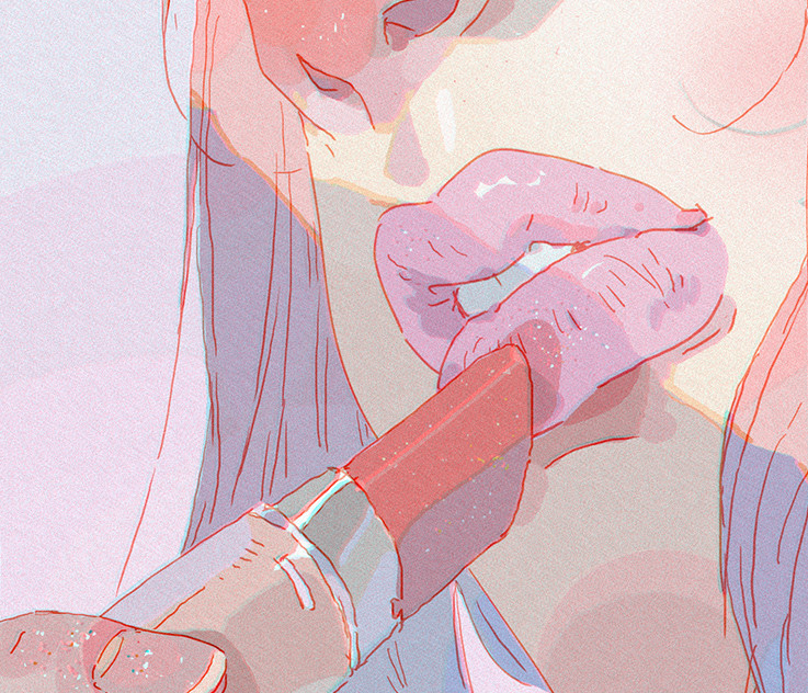1girl applying_lipstick applying_makeup blush close-up commentary cosmetics english_commentary glitter holding holding_lipstick_tube lips lipstick_tube mouth_focus nose_blush original pastel_colors pink_lips purple_background sidelighting simple_background solo xi_zhang