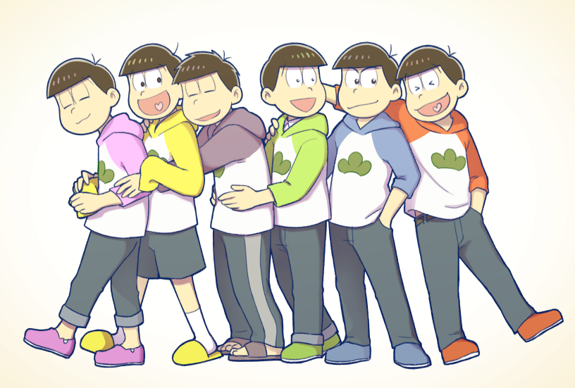 &gt;_&lt; 6+boys :3 :d ^_^ arm_around_shoulder black_eyes black_hair black_pants black_shorts blue_footwear blue_hoodie brothers closed_eyes closed_mouth commentary_request green_footwear green_hoodie hand_in_pocket hand_on_another's_shoulder heart heart_in_mouth hood hood_down hoodie hug hug_from_behind long_sleeves looking_at_another looking_at_viewer looking_back male_focus matsuno_choromatsu matsuno_ichimatsu matsuno_jyushimatsu matsuno_karamatsu matsuno_osomatsu matsuno_todomatsu multiple_boys nigu open_mouth osomatsu-kun osomatsu-san pants pink_footwear pink_hoodie purple_footwear purple_hoodie red_footwear red_hoodie sandals sextuplets shoes short_hair shorts siblings simple_background slippers smile smirk socks standing two-tone_hoodie v-shaped_eyebrows white_background white_hoodie white_socks wide-eyed yellow_footwear yellow_hoodie
