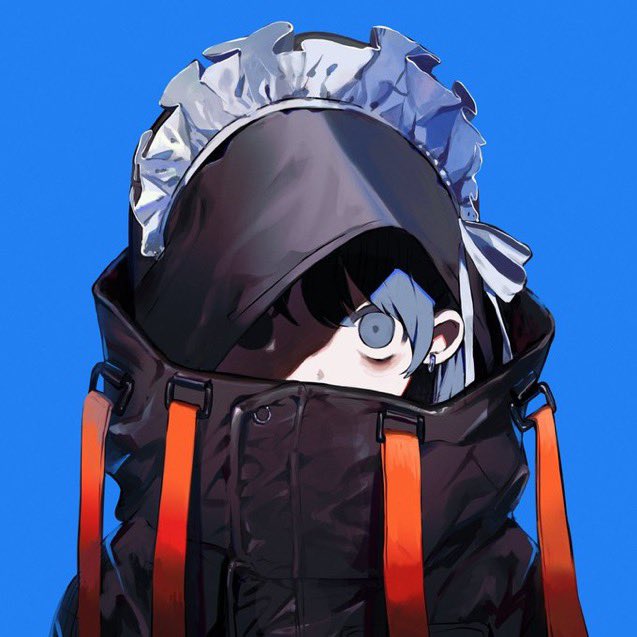 1girl bags_under_eyes black_coat blue_background blue_eyes blue_hair coat covered_mouth earrings high_collar hood hood_up jewelry kurehalxxx looking_at_viewer maid_headdress original portrait simple_background solo twintails
