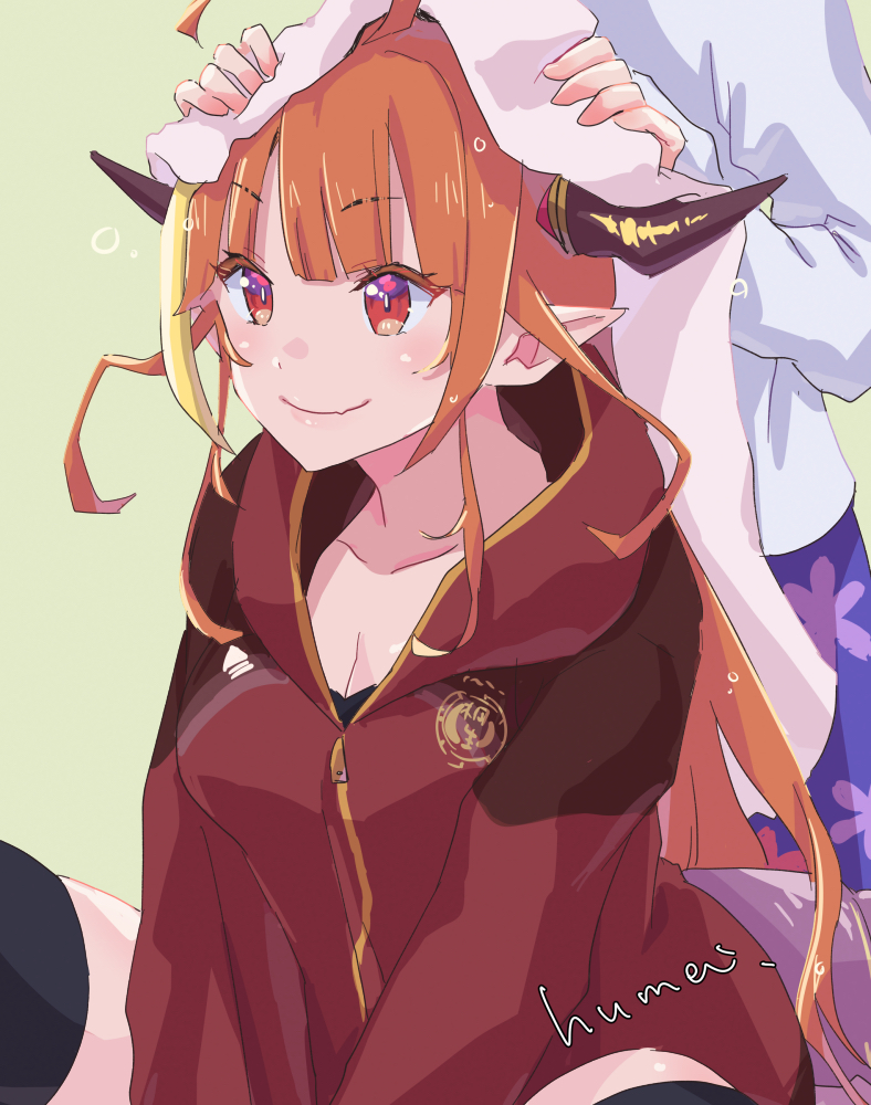 2girls black_thighhighs blonde_hair blue_skirt dragon_girl dragon_horns dragon_tail floral_print hololive horns jacket kiryu_coco kiryu_coco_(3rd_costume) kyou_fumei looking_at_viewer multicolored_hair multiple_girls official_alternate_costume orange_hair pointy_ears red_eyes red_jacket shirt skirt streaked_hair tail thigh-highs virtual_youtuber washing_hair white_shirt