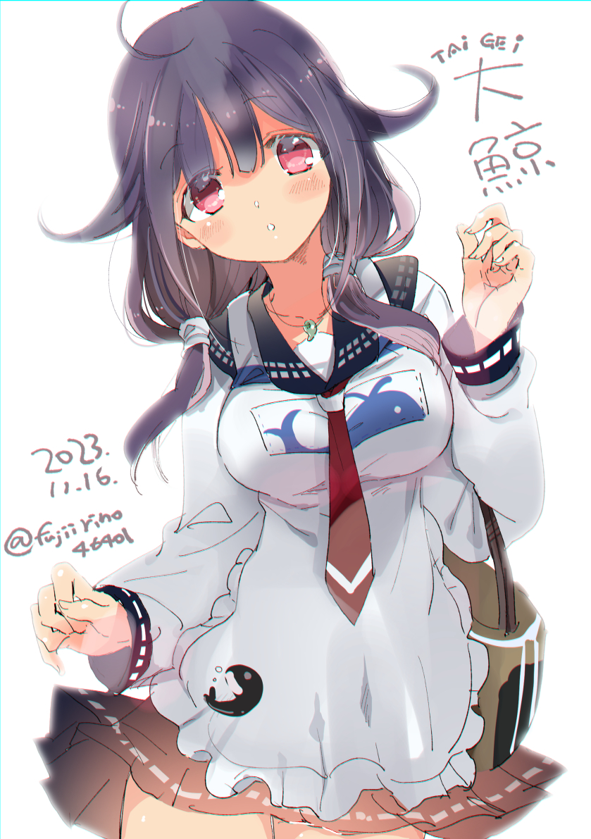 1girl ahoge animal_print apron artist_name black_hair black_sailor_collar black_skirt cowboy_shot dated fish_print fujii_rino hair_flaps hair_ornament kantai_collection low_twintails necktie parted_lips pleated_skirt red_eyes red_necktie sailor_collar school_uniform serafuku simple_background skirt solo taigei_(kancolle) twintails twitter_username whale_hair_ornament whale_print white_apron white_background