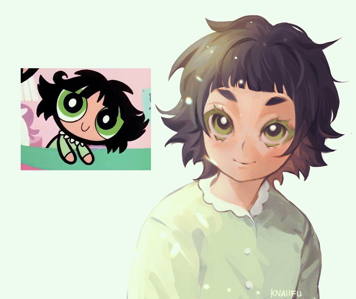 1girl anime_screencap black_hair buttercup_(ppg) buttercup_redraw_challenge_(meme) commentary english_commentary eyelashes green_eyes knaiifu light medium_hair meme messy_hair pajamas powerpuff_girls reference_inset simple_background smile solo