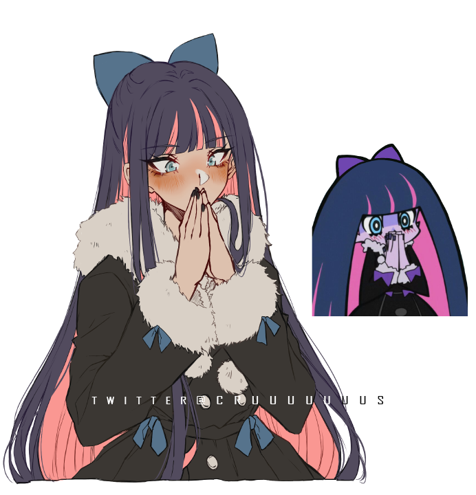 1girl artist_name black_hair black_nails blunt_bangs blush bow commentary covered_mouth criis-chan cropped_torso fur-trimmed_jacket fur_trim grey_eyes hair_bow hands_up jacket long_hair long_sleeves multicolored_hair multiple_views nail_polish official_alternate_costume own_hands_together palms_together panty_&amp;_stocking_with_garterbelt pink_hair simple_background stocking_(psg) two-tone_hair white_background