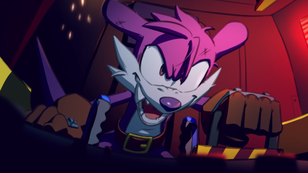 1boy belt_buckle brown_gloves buckle fang fang_the_sniper furry furry_male gloves joeadok lever male_focus messy_hair open_mouth scratches solo sonic_(series) tail violet_eyes