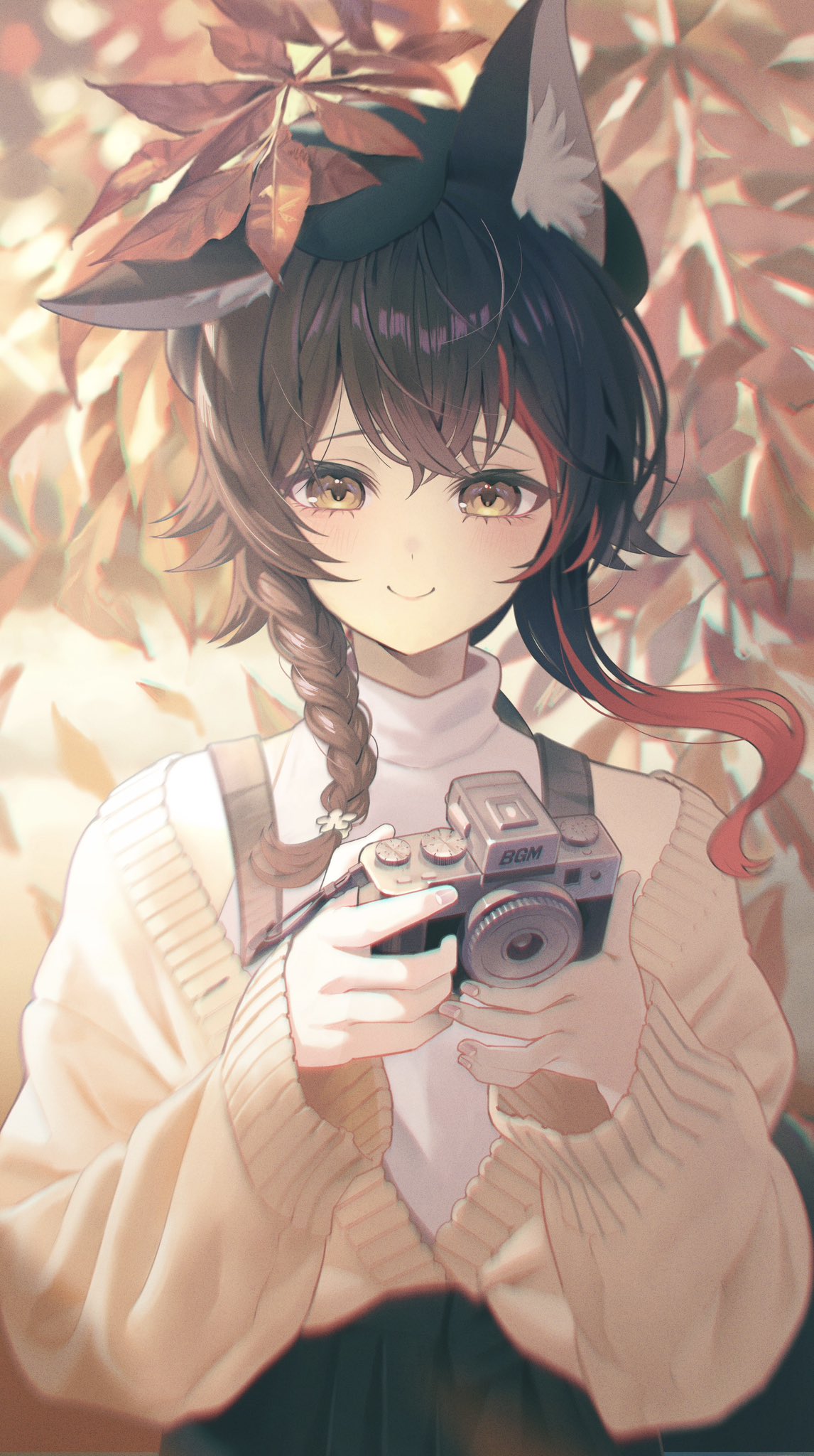 animal_ear_fluff animal_ears autumn_leaves black_hair black_headwear black_skirt blurry braid brown_cardigan camera cardigan closed_mouth depth_of_field double-parted_bangs hair_between_eyes highres holding holding_camera hololive long_sleeves looking_at_viewer midori_matsukaze multicolored_hair official_alternate_costume official_alternate_hairstyle ookami_mio ookami_mio_(5th_costume) redhead shirt single_braid skirt smile solo streaked_hair turtleneck_shirt two-tone_hair upper_body virtual_youtuber white_shirt wolf_ears wolf_girl
