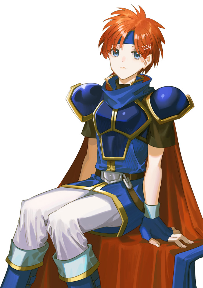 1boy armor artist_name belt blue_cape blue_eyes blue_gloves blue_headband cape cuirass fingerless_gloves fire_emblem fire_emblem:_the_binding_blade gloves headband looking_at_viewer noki_(affabile) pants red_cape redhead roy_(fire_emblem) short_hair shoulder_armor simple_background sitting solo two-sided_cape two-sided_fabric white_background white_pants