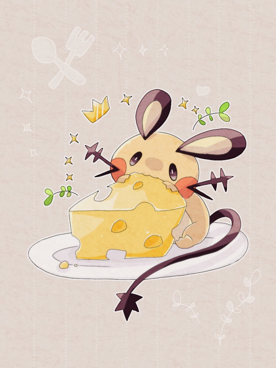 animal_focus cheese commentary_request crown dedenne eating food grey_background hanabusaoekaki highres mouse no_humans plate pokemon pokemon_(creature) simple_background solid_oval_eyes solo sparkle tail