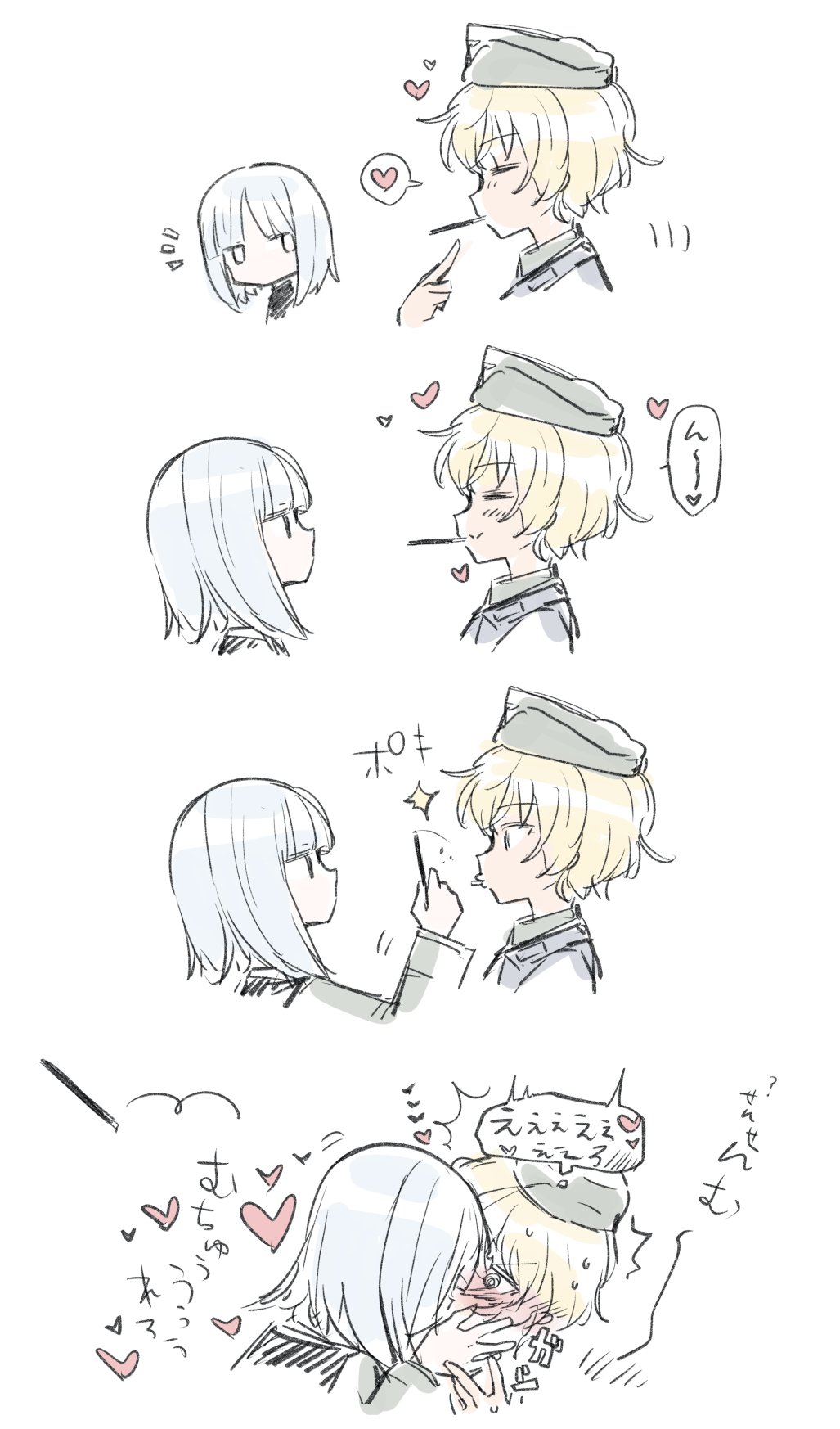 2girls aohashi_ame blonde_hair blush brave_witches edytha_rossmann food hat highres kiss looking_at_another military_hat military_uniform multiple_girls pocky short_hair simple_background sketch uniform upper_body waltrud_krupinski white_background white_hair world_witches_series yuri
