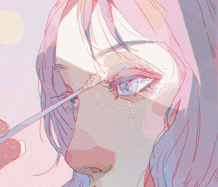 1girl applying_makeup blue_eyes close-up commentary english_commentary glitter long_eyelashes looking_ahead mascara_wand orb original parted_bangs pastel_colors purple_background purple_hair red_nose simple_background solo xi_zhang