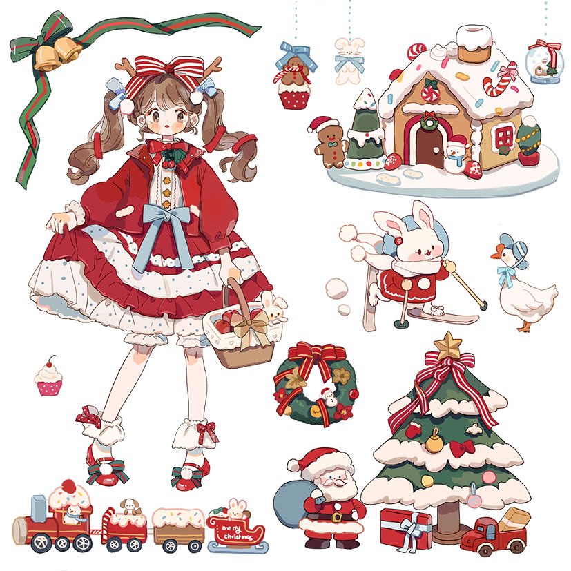 1boy 1girl ankle_socks antlers apple basket beard bell belt belt_buckle bird black_belt black_eyes black_footwear bloomers blue_bow blue_bowtie blue_headwear blush_stickers bow bowtie brown_eyes brown_hair buckle candy candy_cane center_frills christmas christmas_ornaments christmas_tree closed_mouth clothes_lift coat collared_jacket commentary commission dog dress english_commentary expressionless eyelashes eyeshadow facial_hair floppy_ears flower_button food footwear_bow frills fruit full_body fur-trimmed_coat fur_trim gingerbread_house gingerbread_man goose green_bow hair_bow hair_ornament hair_ribbon hand_on_own_hip hat holding holding_basket holding_sack jacket jingle_bell lace layered_skirt lifted_by_self long_hair long_sleeves makeup mary_janes merry_christmas miniskirt mistletoe multiple_hair_bows mustache open_clothes open_jacket original pocket polka_dot polka_dot_bow polka_dot_skirt pom_pom_(clothes) pom_pom_hair_ornament puffy_long_sleeves puffy_sleeves puppy putong_xiao_gou rabbit red_bow red_bowtie red_coat red_dress red_footwear red_jacket red_lips red_ribbon red_skirt reindeer_antlers ribbon sack santa_claus scarf shirt shoes single_wrist_cuff skirt skirt_lift skis snow_globe socks solid_circle_eyes straight-on striped striped_bow sun_hat train twintails two-tone_bow two-tone_skirt waist_bow white_bloomers white_bow white_scarf white_shirt white_skirt white_socks wrist_cuffs