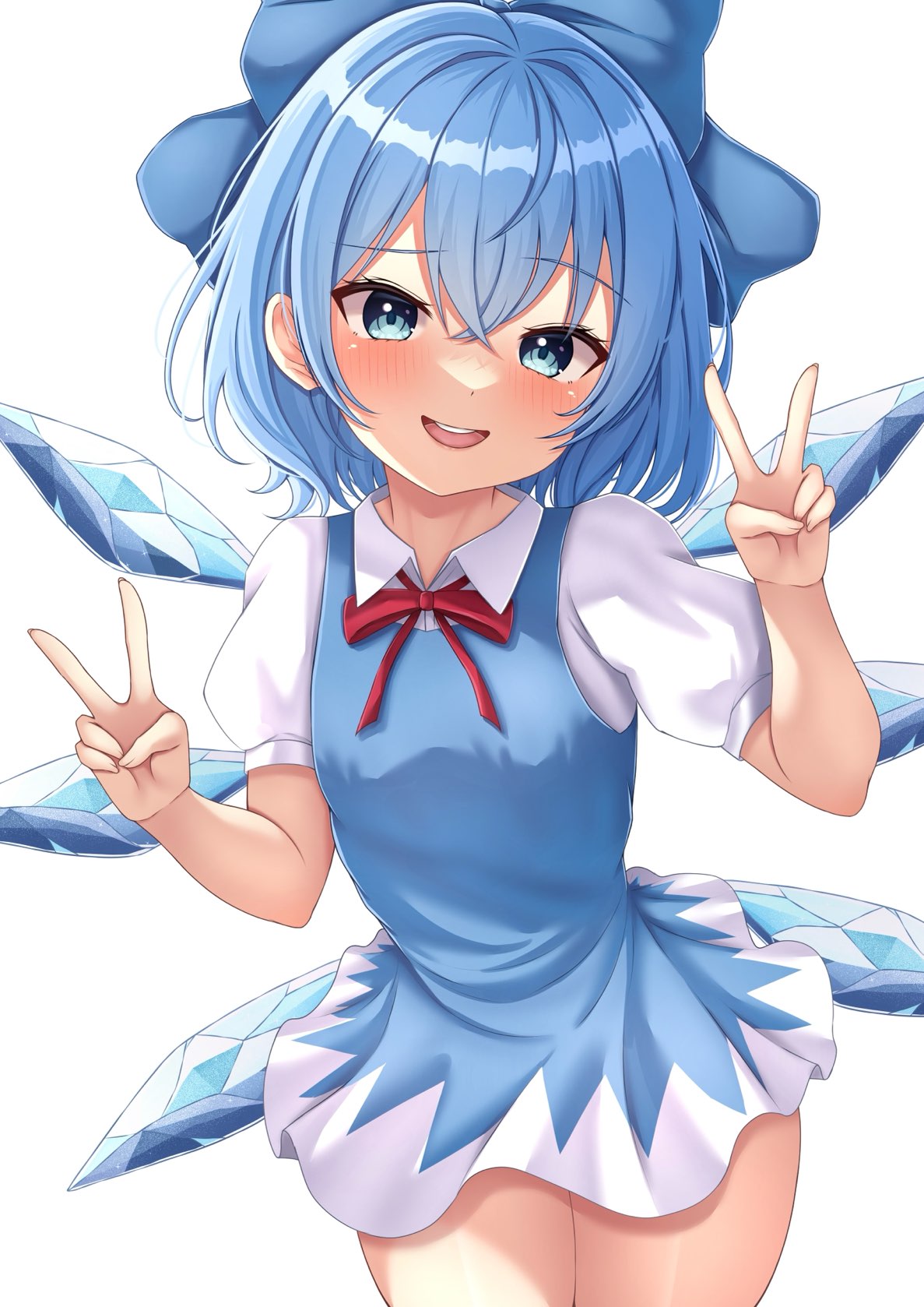 1girl :d blue_bow blue_dress bow cirno collared_shirt commentary_request crossed_bangs detached_wings double_v dress hair_bow highres ice ice_wings looking_at_viewer open_mouth reijing_etrn shirt short_sleeves simple_background smile solo teeth touhou upper_teeth_only v white_background white_shirt wings