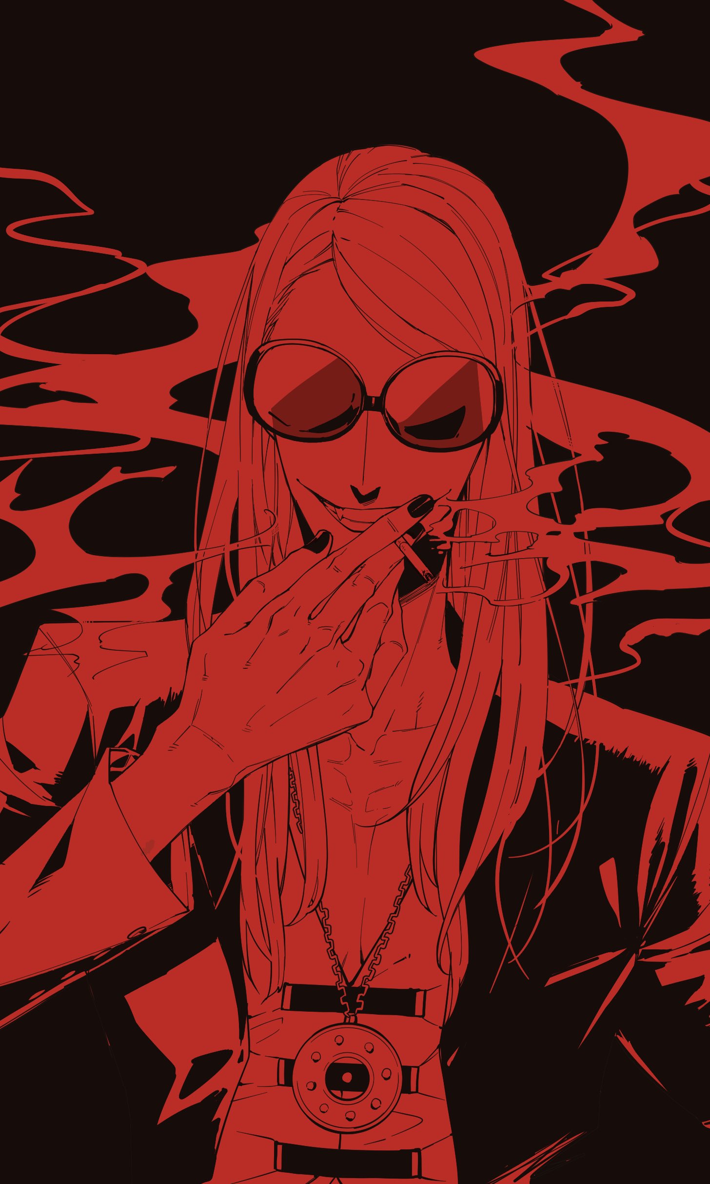 1boy absurdres between_fingers cigarette collarbone commentary fangs fate/grand_order fate_(series) grin highres holding holding_cigarette jewelry kokujin_youhei long_hair long_sleeves male_focus nail_polish necklace pectoral_cleavage pectorals red_theme smile smoke smoking solo straight-on sunglasses symbol-only_commentary tezcatlipoca_(fate) tinted_eyewear upper_body
