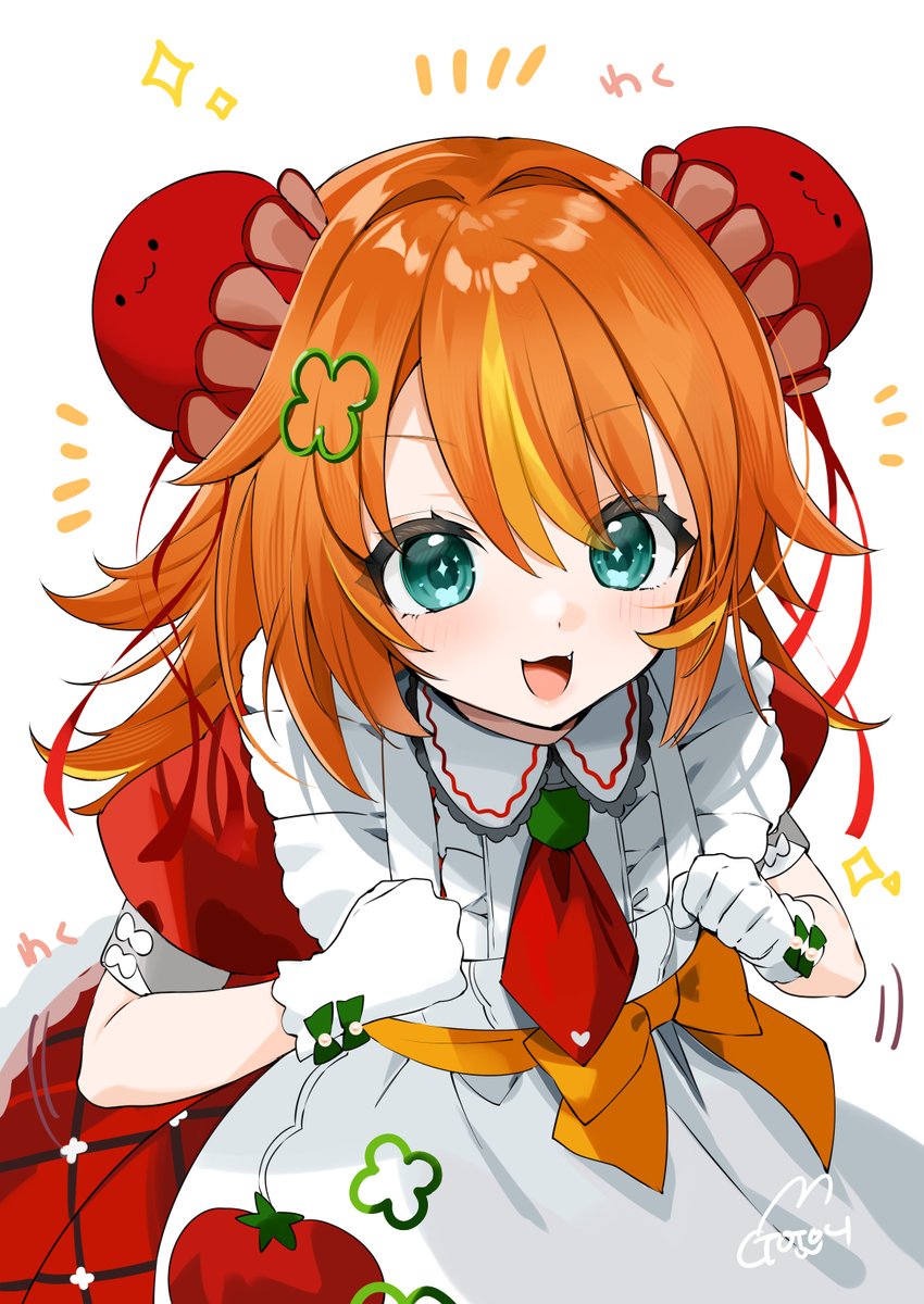 1girl apron aqua_eyes artist_name clenched_hands cowboy_shot dress frills gloves gotoh510 green_pepper hair_between_eyes hair_ornament happy highres long_hair looking_at_viewer multicolored_hair napoli_kurun necktie open_mouth orange_hair puffy_short_sleeves puffy_sleeves red_dress red_necktie short_sleeves simple_background smile solo sparkle streaked_hair tomato virtual_youtuber white_background white_crow_project white_gloves