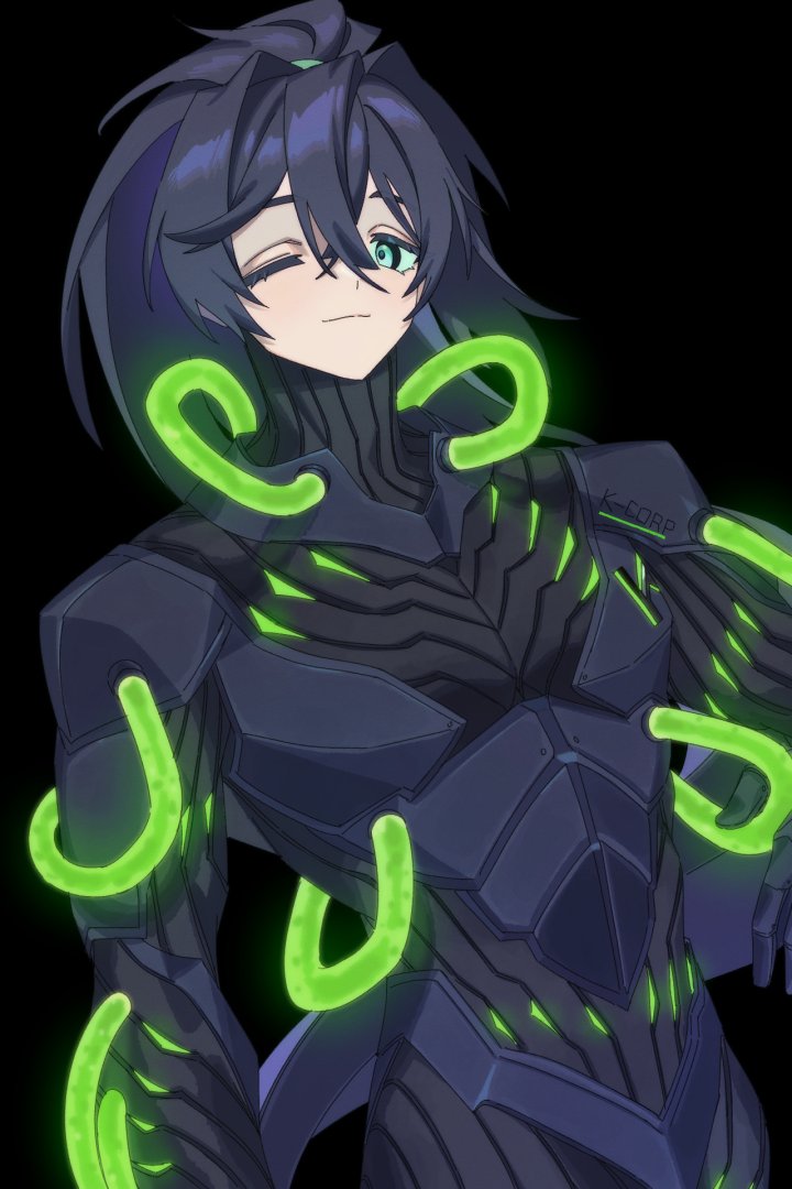 1boy angellyuna aqua_eyes armor black_armor black_background black_hair closed_mouth high_ponytail hong_lu_(limbus_company) limbus_company long_hair looking_at_viewer one_eye_closed project_moon simple_background smile solo upper_body very_long_hair
