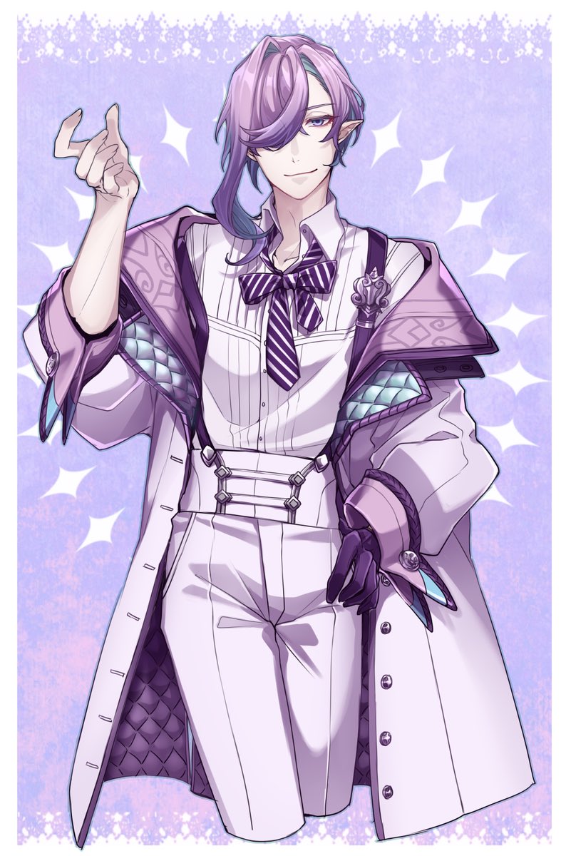 1boy aqua_hair asymmetrical_sleeves border bow bowtie brooch buttoned_cuffs closed_mouth coat collared_shirt cropped_legs galarian_ponyta gloves hair_over_one_eye hand_on_own_hip hand_up high-waist_pants highres jewelry lollypopcandy8050 long_sleeves looking_at_viewer male_focus multicolored_hair off_shoulder open_clothes open_coat open_collar padded_coat pants personification pointy_ears pokemon purple_background purple_bow purple_bowtie purple_coat purple_gloves purple_hair shirt short_hair single_glove single_sidelock sleeve_cuffs sleeves_past_elbows smile solo standing striped striped_bow striped_bowtie suspenders suspenders_slip two-sided_coat two-sided_fabric two-tone_hair uneven_sleeves violet_eyes white_border white_coat white_pants white_shirt