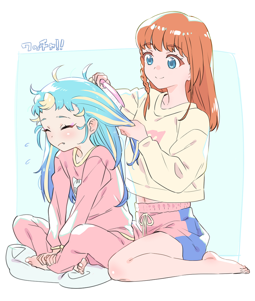 2girls barefoot blonde_hair blue_eyes blue_hair braid brushing_another's_hair brushing_hair closed_eyes closed_mouth commentary_request fang flying_sweatdrops full_body hair_brush hair_down hibino_matsuri holding holding_another's_hair holding_hair_brush indian_style long_hair long_sleeves looking_at_another midriff_peek multicolored_hair multiple_girls murakami_hisashi myamu orange_hair pajamas pants pink_pants pink_shorts pink_sweater pretty_(series) shorts side_braid sitting smile streaked_hair sweater translation_request v_arms waccha_primagi! wariza yellow_sweater