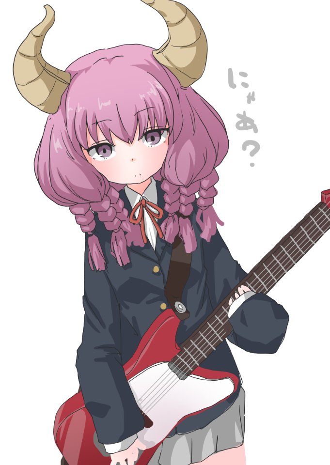1girl alternate_costume alternate_hairstyle aura_(sousou_no_frieren) blunt_bangs braid commentary_request demon_horns electric_guitar guitar hair_between_eyes holding horns instrument k-on! looking_at_viewer multiple_braids pink_hair school_uniform simple_background solo sousou_no_frieren soutsuki_naru translation_request violet_eyes white_background