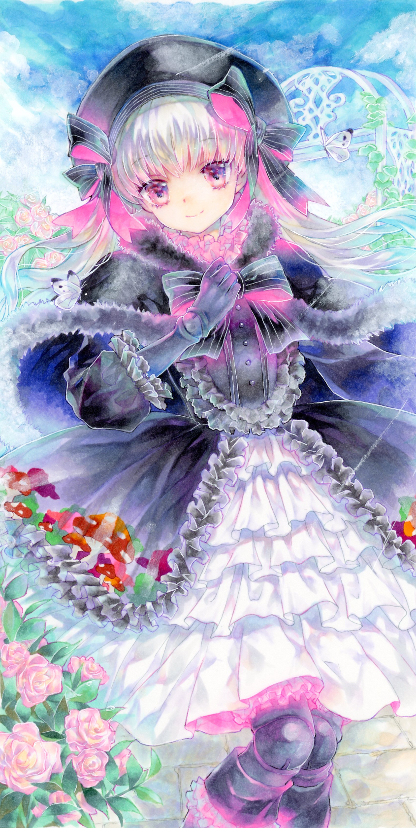 1girl black_bow black_dress black_headwear blue_sky bow bug butterfly capelet commentary doll_joints dress fate/extra fate/grand_order fate_(series) fei_(otoya) flower food_print frilled_dress frills fur-trimmed_capelet fur_trim gothic_lolita grey_hair highres joints lolita_fashion long_hair looking_at_viewer mushroom_print nursery_rhyme_(fate) outdoors pink_eyes pink_flower pink_rose rose sky smile solo symbol-only_commentary