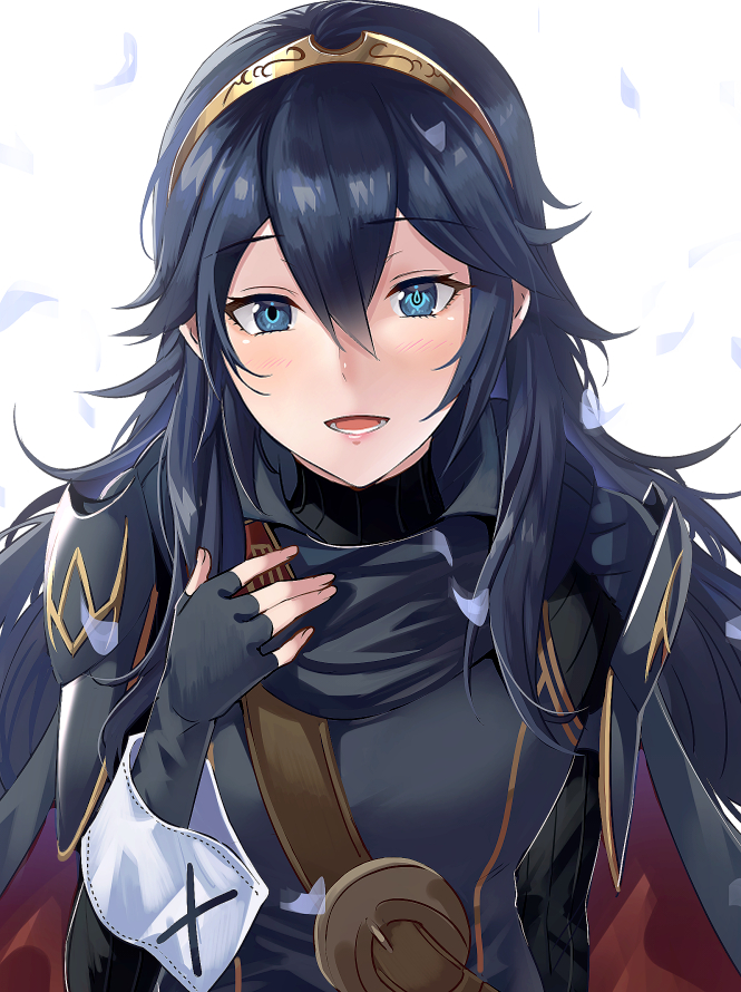 1girl ameno_(a_meno0) armor black_sweater blue_cape blue_eyes blue_gloves blue_hair blush cape fingerless_gloves fire_emblem fire_emblem_awakening gloves hair_between_eyes lips long_hair looking_at_viewer lucina_(fire_emblem) open_mouth pauldrons pink_lips red_cape ribbed_sweater shoulder_armor simple_background smile solo sweater tiara turtleneck turtleneck_sweater two-tone_cape white_background