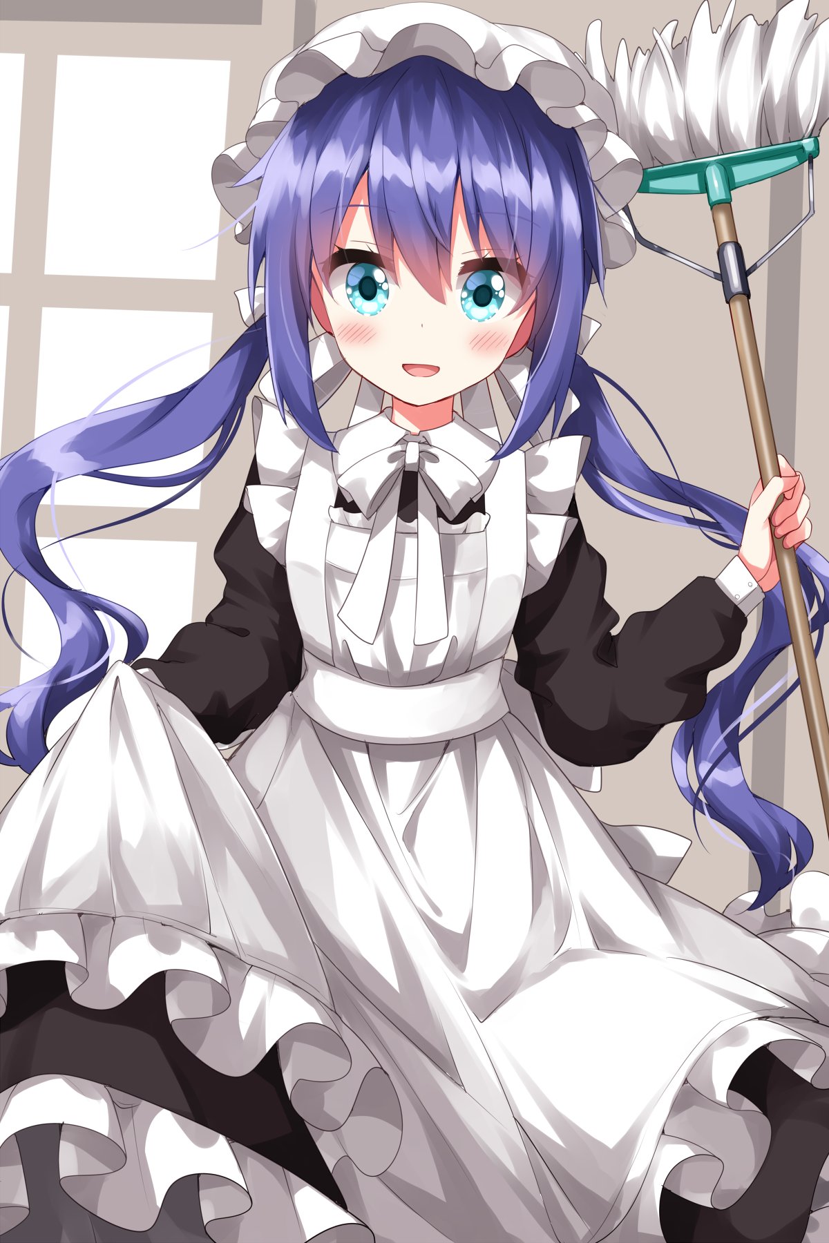 1girl :d alternate_costume apron black_dress blue_eyes blue_hair blush bow broom dress enmaided frilled_apron frills hair_between_eyes hat highres holding holding_broom koisuru_asteroid long_hair long_sleeves looking_at_viewer maid maid_apron maid_headdress manaka_ao mob_cap open_mouth ruu_(tksymkw) smile solo twintails white_apron