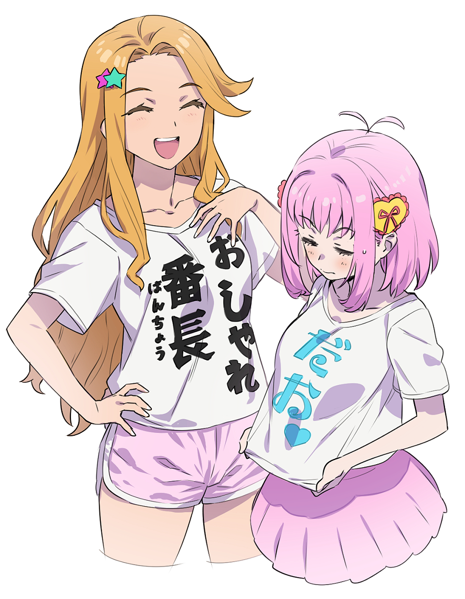 2girls :d ^_^ amauri_miruki antenna_hair blush closed_eyes closed_mouth clothes_writing cropped_legs facing_viewer from_above hair_ornament hand_on_own_chest hand_on_own_hip heart heart_hair_ornament highres long_hair multiple_girls murakami_hisashi open_mouth orange_hair pink_hair pink_shorts pink_skirt pleated_skirt pretty_(series) print_shirt shirt shirt_tug short_hair short_shorts short_sleeves shorts simple_background skirt smile standing star_(symbol) star_hair_ornament t-shirt translation_request waccha_primagi! white_background white_shirt yayoi_hina