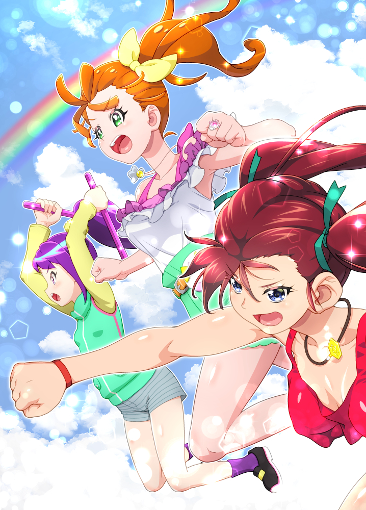 3girls arms_up bakusou_kyoudai_let's_&amp;_go!! bakusou_kyoudai_let's_&amp;_go!!_max belt black_footwear blue_eyes blue_sky bracelet clenched_hands clouds cloudy_sky crossover day frilled_shirt frills green_eyes green_ribbon green_shorts green_vest grey_shorts hair_ribbon holding holding_sword holding_weapon jewelry jumping kohsaka_jun legs_up lens_flare light_particles long_hair long_sleeves looking_to_the_side medium_hair multiple_crossover multiple_girls natsuumi_manatsu necklace oogami_marina open_mouth orange_belt orange_hair outdoors ponytail precure punching purple_socks rainbow red_tank_top redhead ribbon ring saikyou_kamizmode! shirt shoes short_shorts shorts side_ponytail sky sleeveless sleeveless_shirt smile socks sword tanba_rin_(saikyou_kamizmode!) tank_top tropical-rouge!_precure twintails vest weapon white_shirt yellow_ribbon yellow_shirt