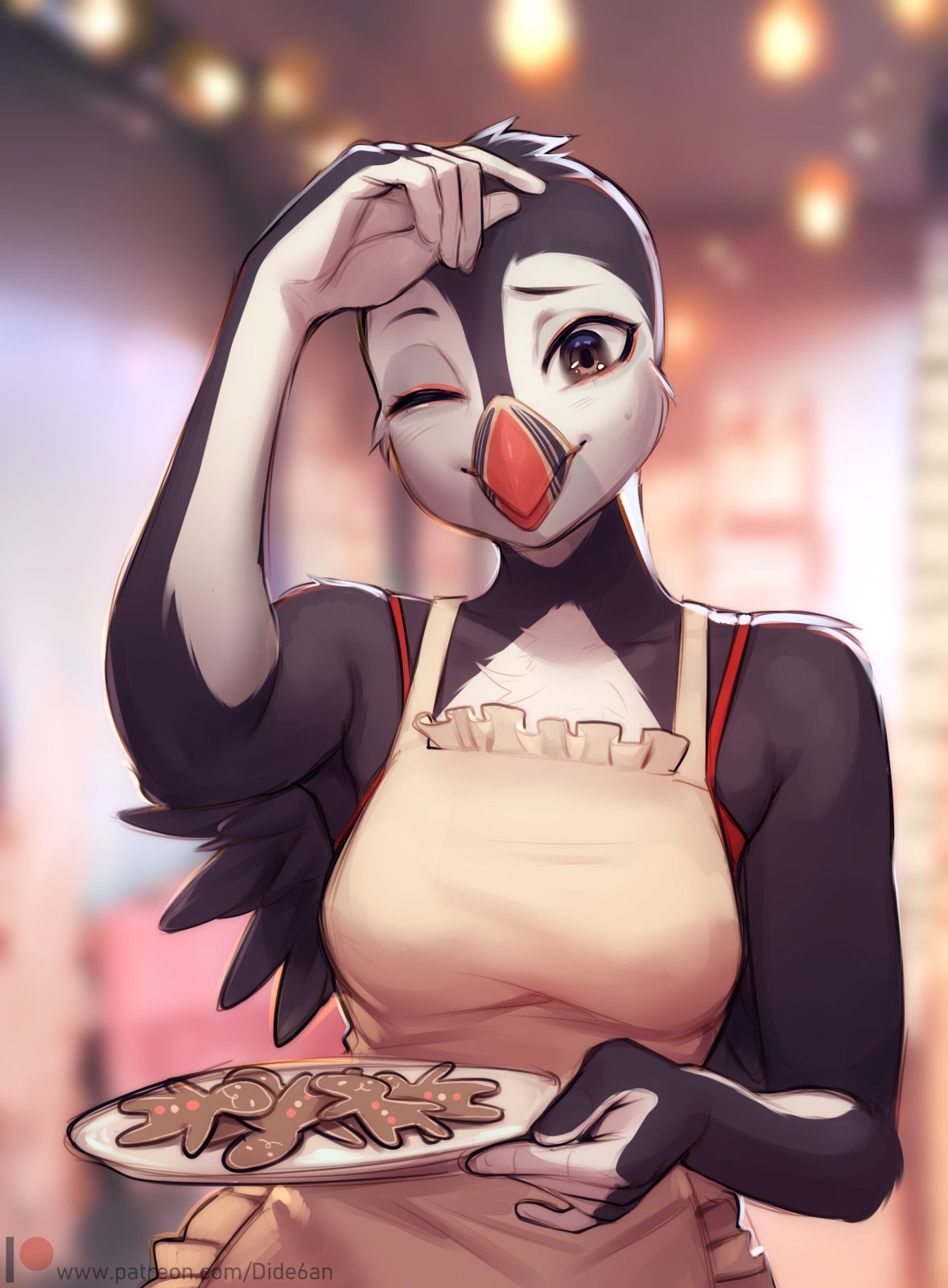1girl apron arm_up artist_name beak bird bird_girl black_feathers black_fur blurry blurry_background bra bra_strap brown_eyes cookie depth_of_field dide6an feathers food furry furry_female gingerbread_man highres holding holding_plate looking_at_viewer one_eye_closed original patreon_logo patreon_username pearl_(boolean) plate puffin red_bra solo two-tone_fur underwear upper_body watermark web_address white_apron white_fur