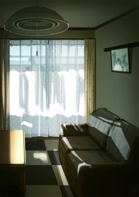 ceiling ceiling_light couch curtains indoors no_humans original picture_frame scenery sunlight table window yk_funa