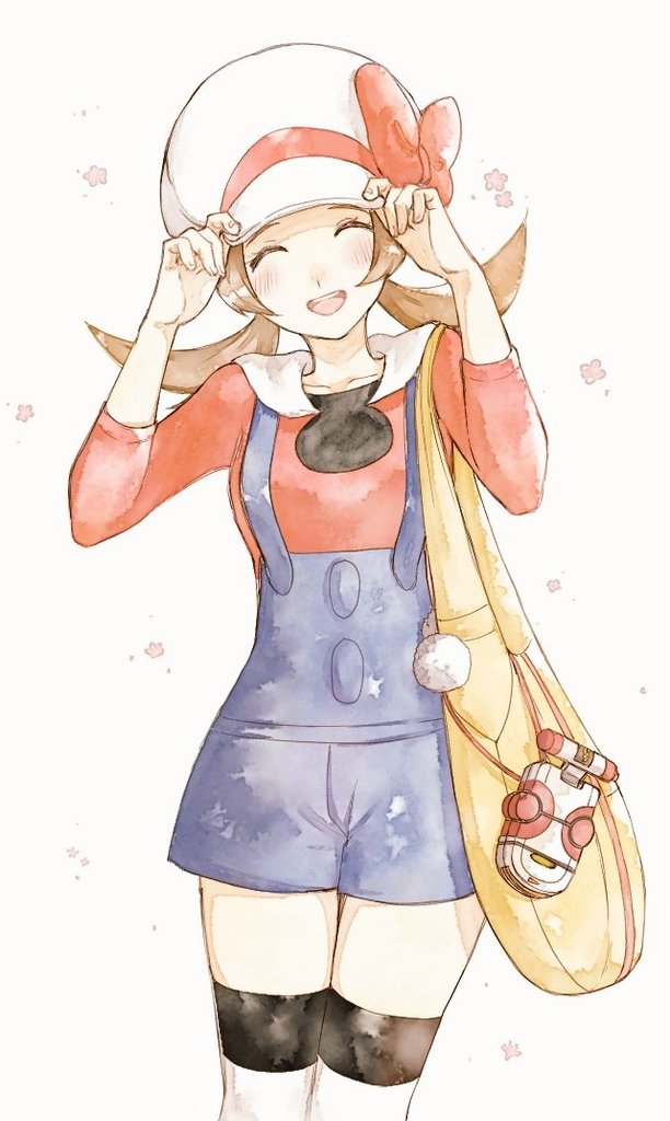 1girl :d asuka_rkgk blue_overalls blush bow brown_hair cabbie_hat closed_eyes eyelashes facing_viewer flower_(symbol) hands_on_headwear hands_up happy hat hat_bow long_hair lyra_(pokemon) open_mouth overalls pokegear pokemon pokemon_(game) pokemon_hgss red_bow smile solo teeth thigh-highs tongue twintails upper_teeth_only white_background white_headwear yellow_bag