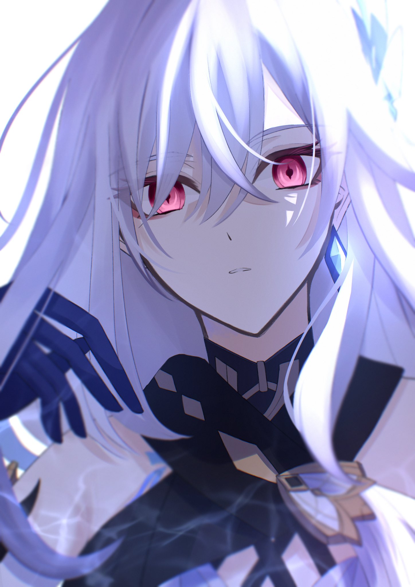 1girl artist_request backlighting bare_shoulders empty_eyes expressionless genshin_impact grey_hair hair_between_eyes highres long_hair looking_at_viewer parted_lips pink_eyes portrait simple_background skirk_(genshin_impact) solo