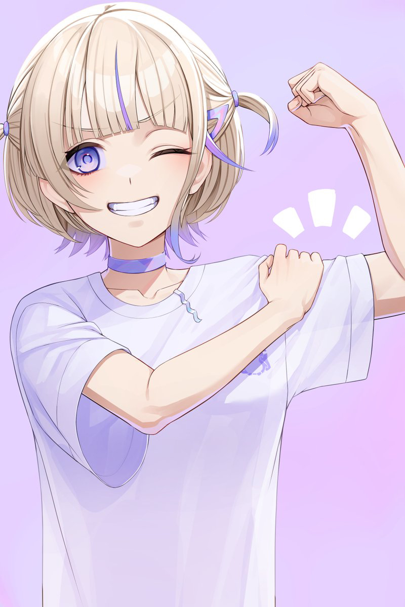 1girl blonde_hair blue_hair choker flexing grin hair_ornament hairpin highres hololive hololive_dev_is kz6cz looking_at_viewer multicolored_hair one_eye_closed purple_background purple_choker shirt smile solo streaked_hair todoroki_hajime two_side_up violet_eyes virtual_youtuber white_shirt