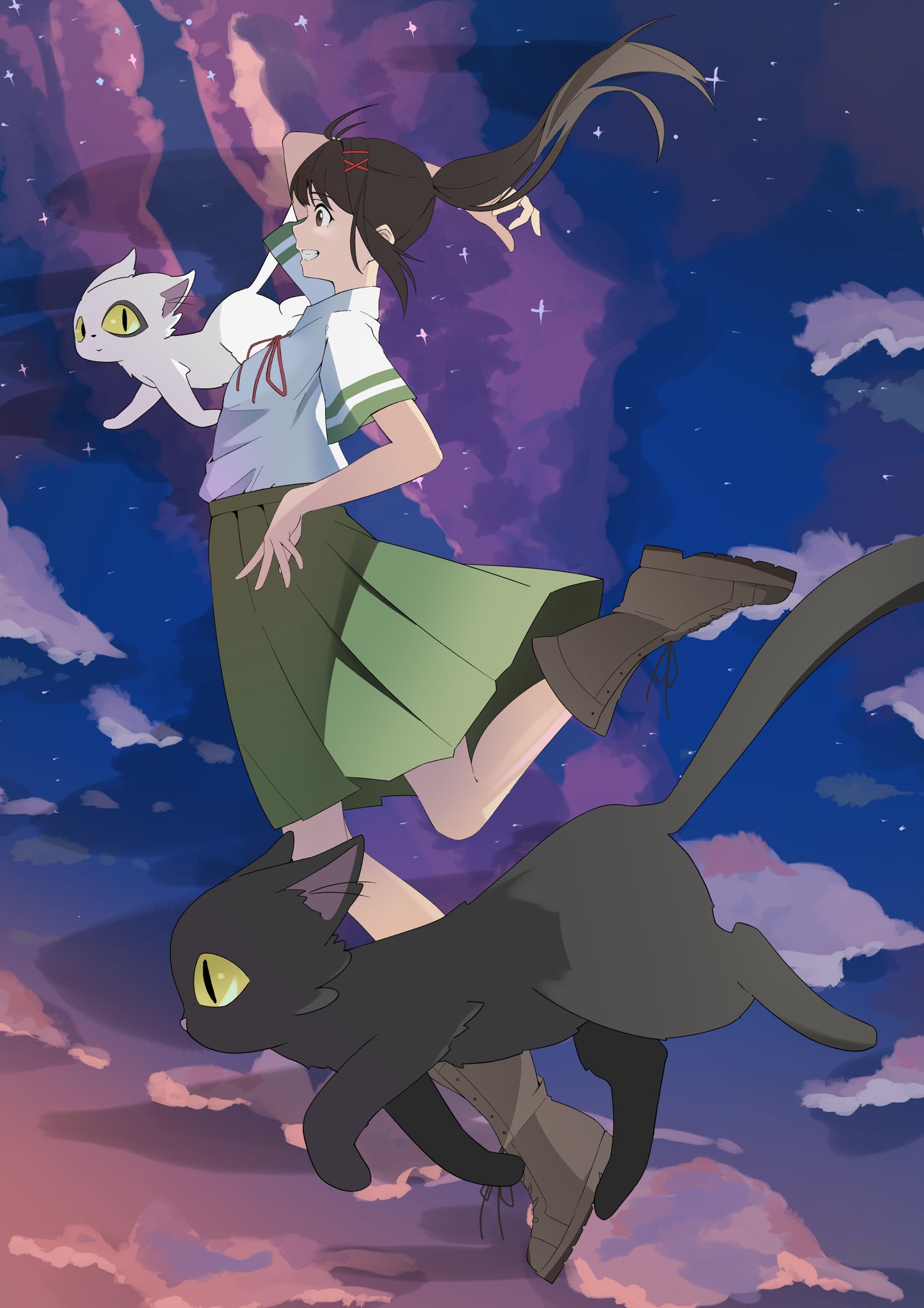 1girl arril100 black_cat blue_sky boots brown_eyes brown_footwear brown_hair cat clouds cloudy_sky from_side full_body gradient_sky green_skirt hair_ornament highres iwato_suzume looking_at_viewer midair neck_ribbon outdoors pleated_skirt ponytail purple_sky red_ribbon ribbon school_uniform shirt short_sleeves skirt sky star_(sky) starry_sky suzume_no_tojimari teeth white_cat white_shirt x_hair_ornament