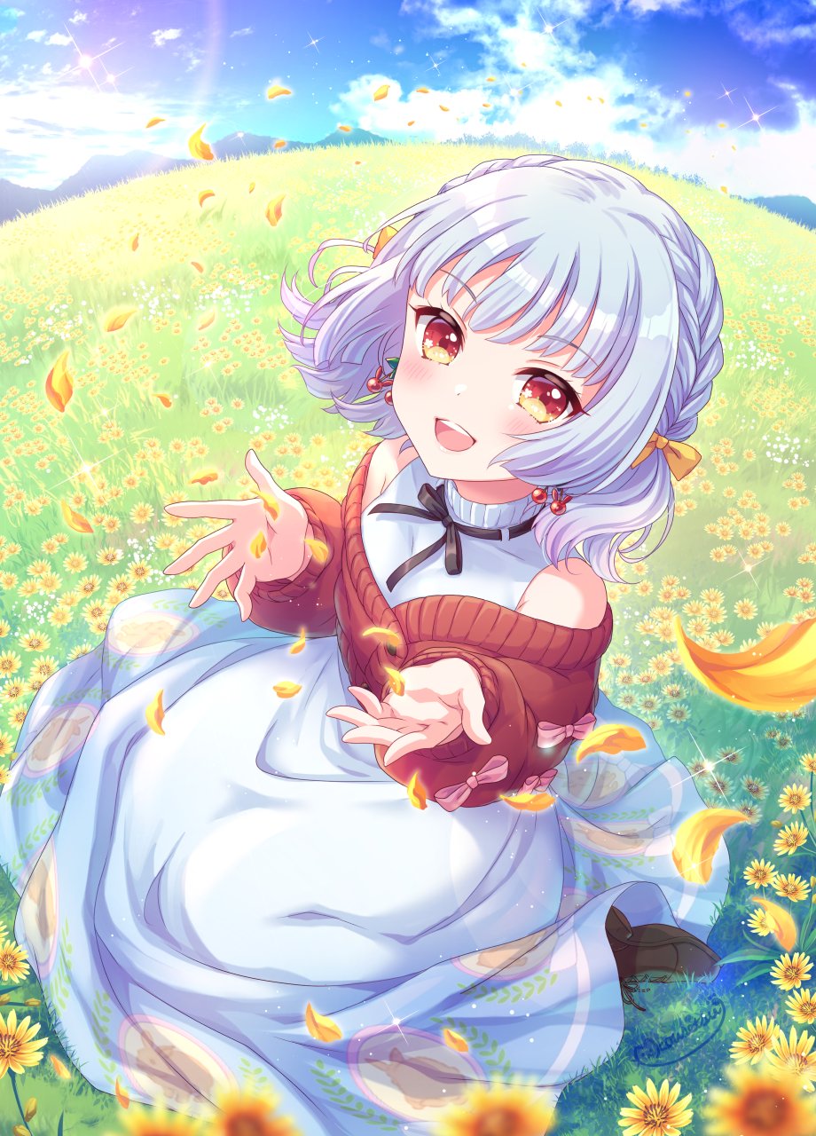 1girl :d bare_shoulders black_ribbon blue_skirt blue_sky blush bow braid cardigan commentary_request commission day eyelashes falling_petals floating_hair flower full_body grass hair_bow hands_up happy highres indie_virtual_youtuber kousetsu lens_flare long_skirt looking_at_viewer meadow nature neck_ribbon off_shoulder open_hands open_mouth outdoors petals red_cardigan red_eyes ribbon school_swimsuit shirt short_hair side_braids sitting skeb_commission skirt sky smile solo sparkle teeth tomori_matsuri upper_teeth_only white_shirt wind wind_lift yellow_bow yellow_flower