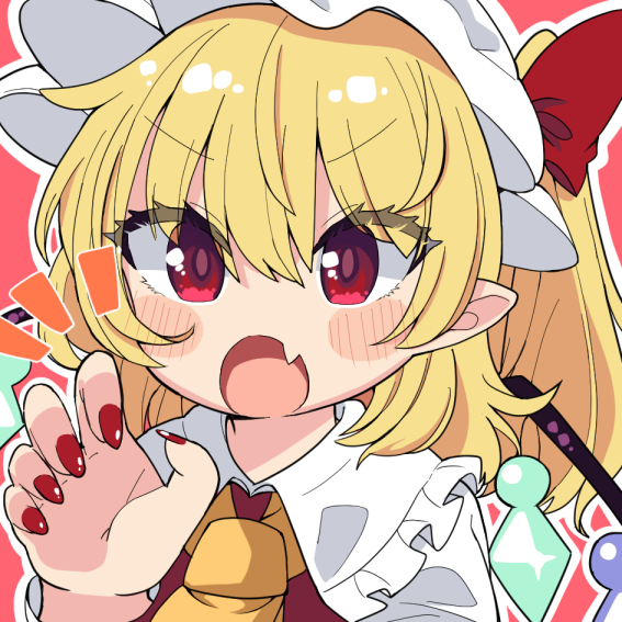 1girl ascot blonde_hair blush bow collared_shirt commentary_request crystal_wings eyelashes fang flandre_scarlet hair_bow hat medium_hair mob_cap nail_polish open_mouth paw_pose puffy_sleeves red_bow red_eyes red_nails red_shirt shirt side_ponytail simple_background skin_fang solo touhou upper_body v-shaped_eyebrows white_headwear white_sleeves wings yamase yellow_ascot